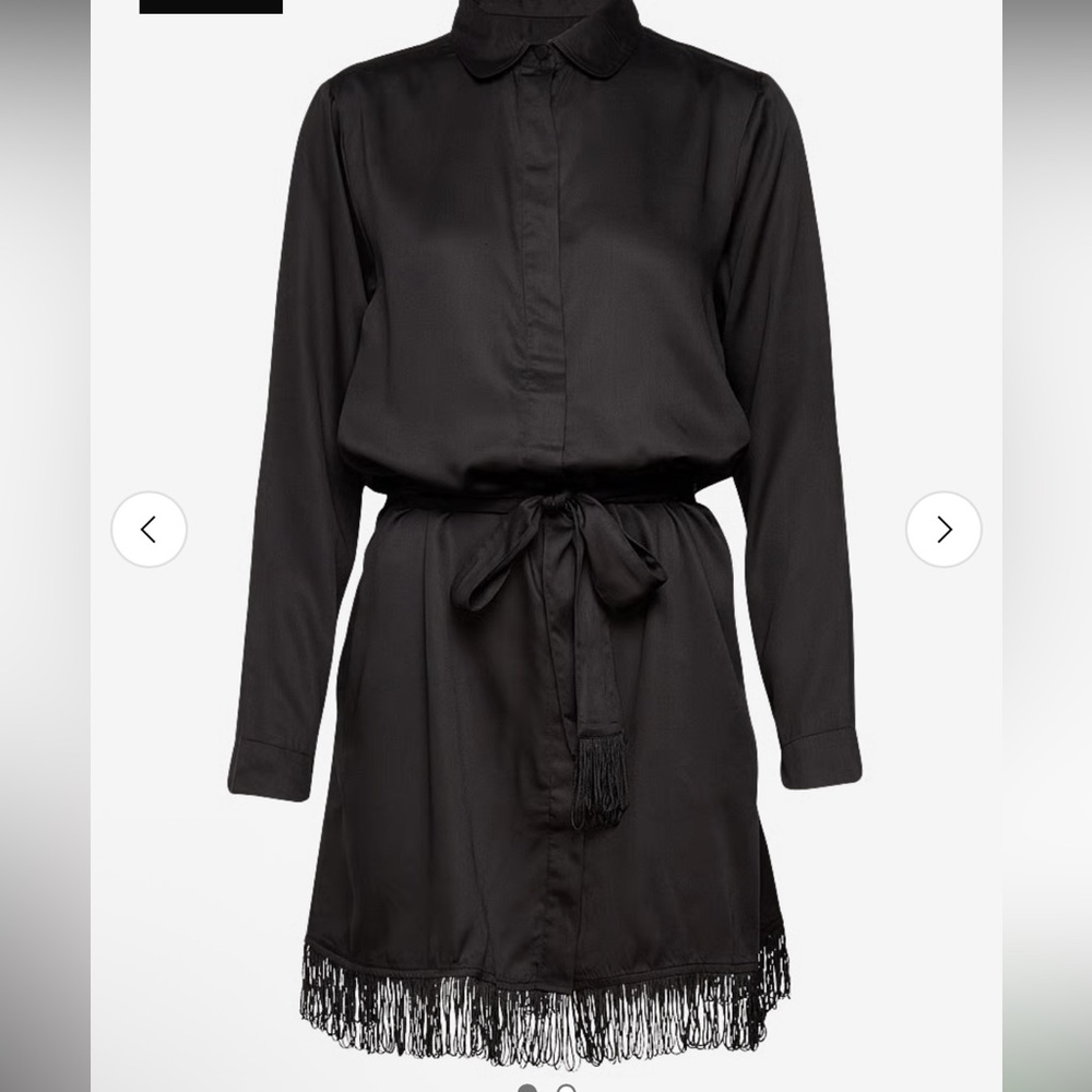 Under Protection Freya Black Tie-Waist Long Sleeve Button Front Fringe Dress M
